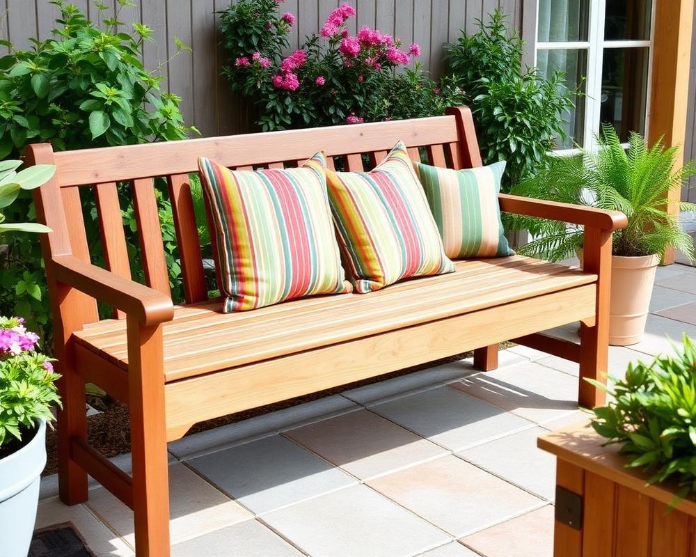 Wooden bench with cushions